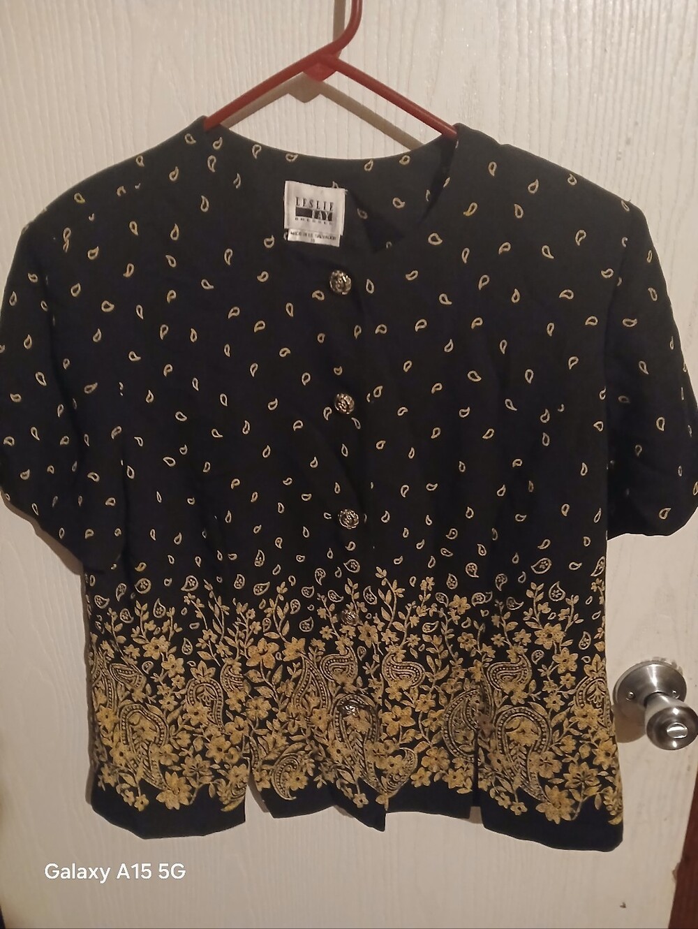 Black & Gold Short Sleeve Button-Front Top